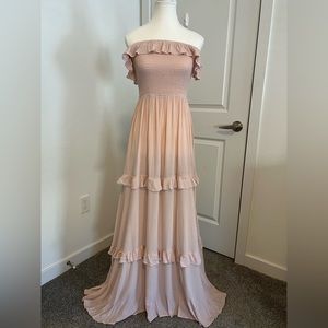 Blush Pink Off the Shoulder Tiered Dress Bump Friendly Maternity